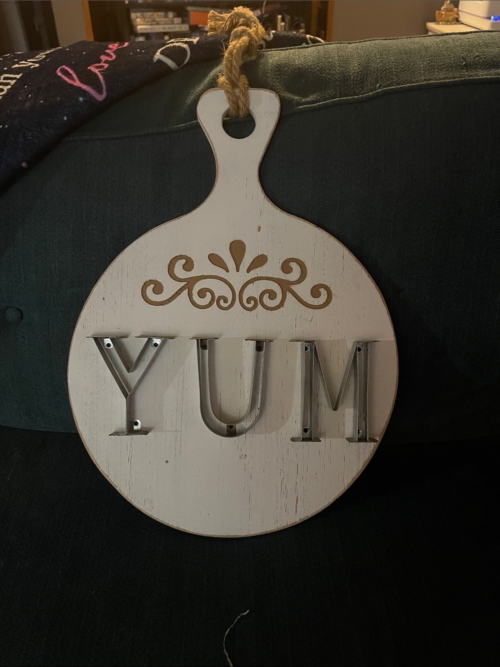 YUM Wall Hanging Sign - White and Metallic Letters